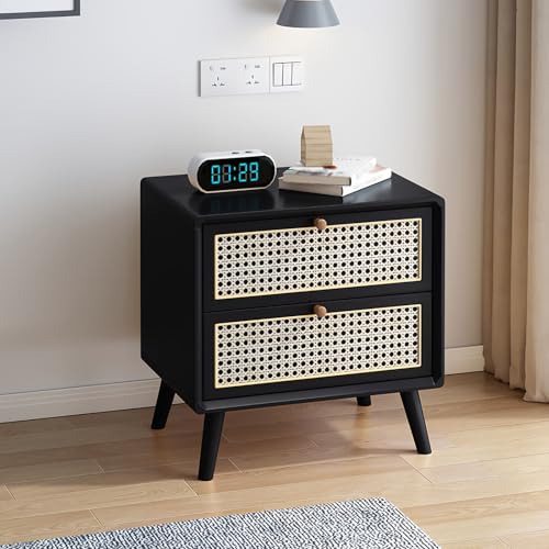 Rattan Nachttisch, Massiver Beistelltisch Mit 2 Schubladen, Nachtschrank Für Schlafzimmer, Wohnzimmer, Bauernhaus, Küche, Ecke, Wohnung, Arbeitszimmer(Black,16.9i n/43cm)