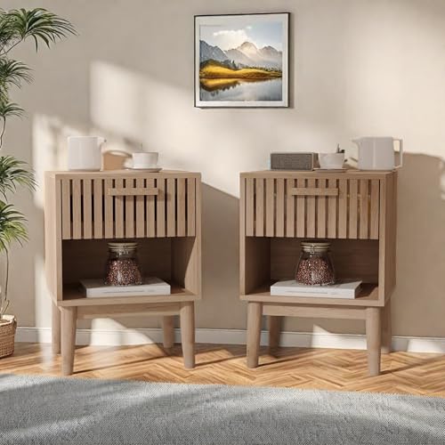 Aneutr Rattan Nachttisch, Nachttisch 2er Set Rattan Boho, Holz Beistelltisch mit Schublade und Offenem Regal, Modernes Design, Nachtschrank Nachtkästchen für Wohnzimmer, Schlafzimmer, Natur