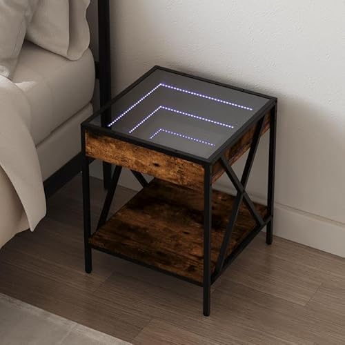 Eleganz Nachttisch Infinity- Räuchereiche 40x40x49 cm - Moderner Beistelltisch mit Holzwerkstoff, Glas & Stahl - -Beleuchtung für Schlafzimmer & Wohnzimmer