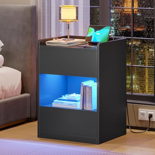 AOGLLATI Nachttisch mit LED-Beleuchtung und Ladestation, Nachtschrank mit 2 Schubladen und 1 Fach Beistelltisch mit Steckdosen Sofatisch für Schlafzimmer, Wohnzimmer 40x35x60cm (1, Schwarz)