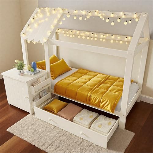 NordicLume Hausbett mit Großzügiger Schublade & Sicher Abgerundetem Nachttisch 90x200 cm| Stabiles Kiefernholz 120kg | Blütendach (Weiße)