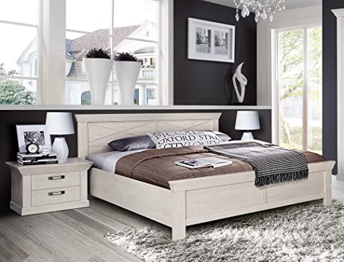 expendio Doppelbett Kasimir 74 Pinie weiß 180x200 Ehebett 2X Nachttisch Schlafzimmer Landhausmöbel Landhausstil