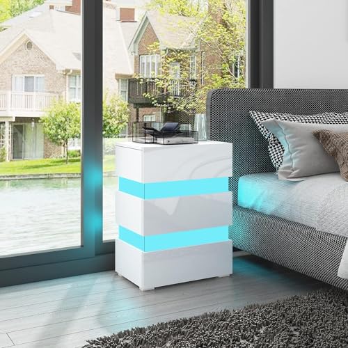 Nachttisch mit LED-Leuchten,Nachttisch Hochglanzfront mit 3 Schubladen, Moderner Nachttisch einstellbare Farben für Nachtschrank Schlafzimmer (Weiß)