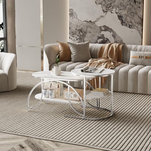 Set mit 2 runden Couchtischen, robuster Metallrahmen, ovales Design mit Stauraum, moderne Mitteltische für Wohnzimmer, Schlafzimmer, Büro – Weiß & Silber-Finish