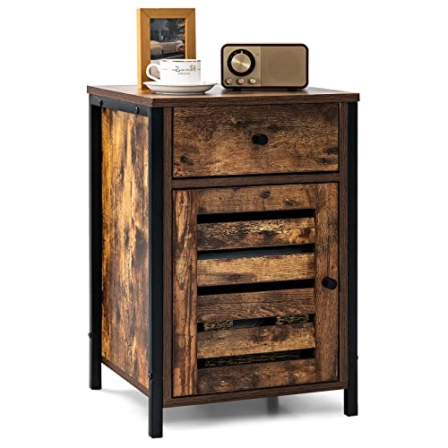 COSTWAY Vintage Nachttisch mit Schublade, Beistelltisch mit höhenverstellbarer Ablage, Nachtschrank Holz, Nachtkommode Boxspringbett für Wohnzimmer, Schlafzimmer, 40 x 40 x 60 cm
