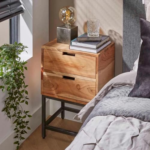 RINGO-Living Massivholz Nachttisch mit Ablage & 2 Schubladen, Akazie Stauraum Nachttisch Industrial Style, Nachtschrank, Nachttisch Used Look Style, Nachttisch Holz Metall, Nachttisch Echtholz