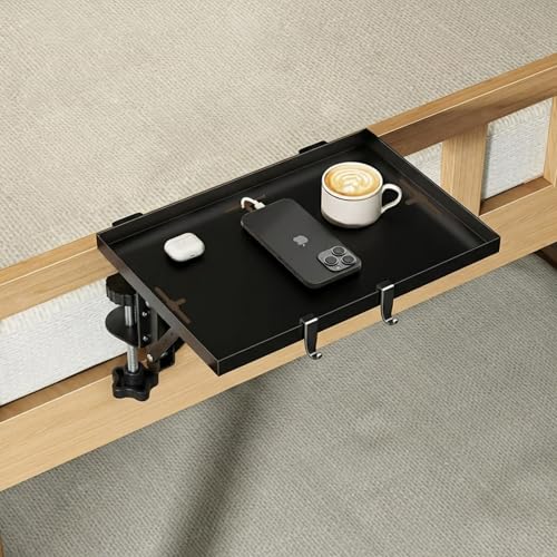 Biigdan Faltbarer Nachttisch zum Einhängen – Metall-Bettablage mit Ladekabelsteckplatz, Platzsparend für Etagenbett, Boxspringbett & Studentenwohnheim, 32×23,5×2 cm, Schwarz