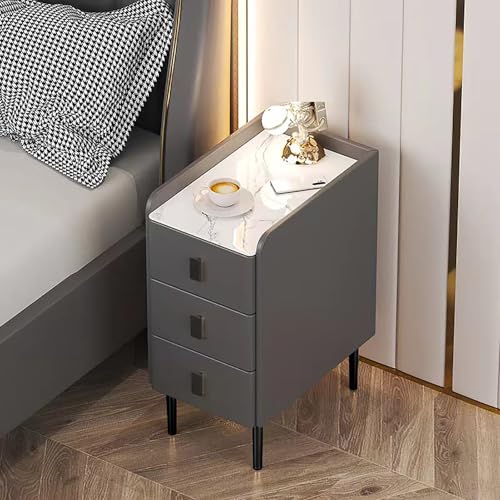 Moderner schlanker Nachttisch mit 3 Schubladen, Kunstleder und Massivholz, Steinplatte, Metallbeine und Griffe, schmaler Nachttisch für Schlafzimmer, Aufbewahrung (Grau, 25 x 40 x 60 cm)