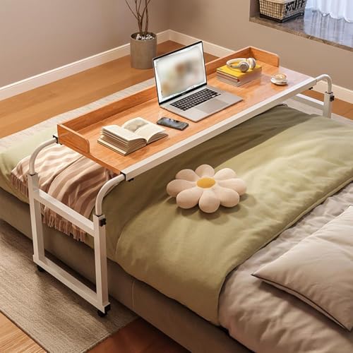 überbetttisch Mit Rollen,Höhenverstellbare r Nachttisch Mit Rollen Rollbarer Laptop-Schreibtisch über Dem Bett Bettbeistelltisch Funktioniert Als Laptopwagen Computertisch Betttisch(Color:Holz)