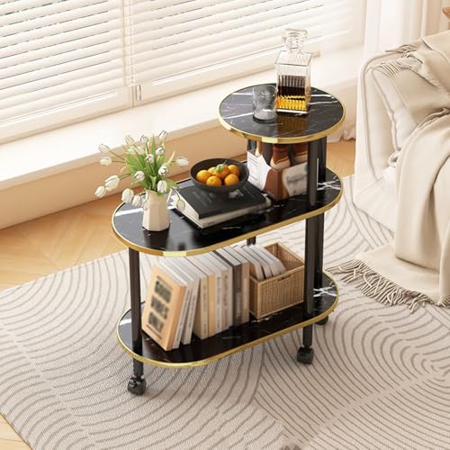 Nachttisch, Beistelltisch mit Rollen, Sofa-Beistelltisch, Tisch mit Ablageflächen, Beistelltisch aus Massivholz, 3-stöckig mit Rollen, für kleine Räume, Wohnzimmer, Schlafzimmer (s