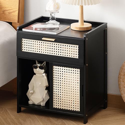 XMDEUR Nachttisch im Landhausstil mit Schublade und Ablagefläche, Nachttisch aus Kunstrattan, Boho-Nachttisch, Beistelltisch, Akzenttisch, einfache Montage (schwarz)