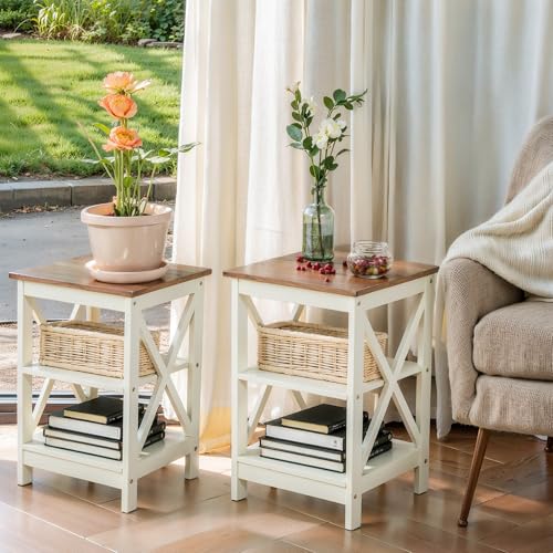 ALPHA HOME Nachttisch 2er Set, Nachtkommode mit 3 Ablagen, Beistelltisch Nachtschrank Couchtisch für Wohnzimmer, Schlafzimmer, Sofa, 40 x 40 x 60 cm, Weiß