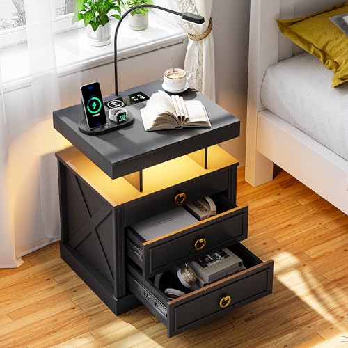 Lvifur LED Nachttisch mit Leselampe,Nachttische mit 2 Schubladen & 1 Versteckte Schublade,Night Stand mit Intelligente Ladestation,Beistelltisch e für Schlafzimmer/Wohnzimmer