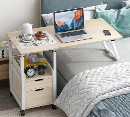 NHDVDVAV Freistehender Mobiler Betttisch mit Rollen, Höhenverstellbarer Nachttisch mit Schubladen, Klappbarer Schreibtisch über Dem Bett, Rollender Laptop-Computertisch für Schlafzimmer,C