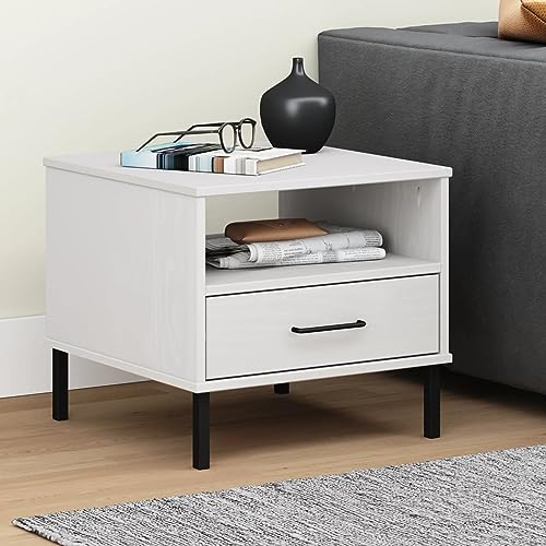Fasba Nachttisch Oslo mit Metallbeinen Weiß Massivholz Kiefer, Beistelltisch mit viel Stauraum, Nachtschrank, Nachtkommode, Nachtkonsole/ 351032