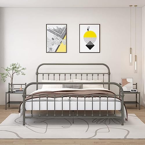 WKIEQACO Tische, Nachttische, Nachttische, 2 Stück, Grau und Schwarz, Metall und Glas