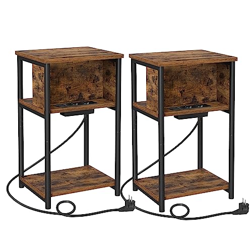 VASAGLE Beistelltisch 2er Set, Nachttisch mit Steckdose, schmal, 2 AC-Anschlüsse, 2 USB-Anschlüsse, 30 x 34 x 58 cm, für Wohnzimmer, Schlafzimmer, vintagebraun-schwarz LCT646B01