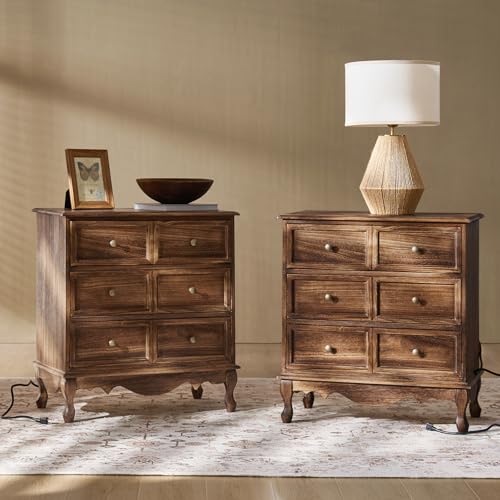 HULALA HOME Nachttisch mit 3 Schubladen und Ladestation, Schubladen-Organizer mit Holzbeinen, Bauernhaus-Nachttisch aus Massivholz, 2er-Set (Nussbaum)