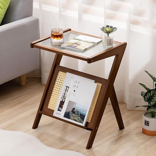 Bambus-Nachttisch, Bambus-Couchtisch mit L-Regal, Wohnzimmertisch aus Glas mit Zeitschriftenhalter, Beistelltisch, für kleine Räume, Nachttisch für Wohnzimmer, Schlafzimmer (Farbe: B, Größe: 18 * 15 *