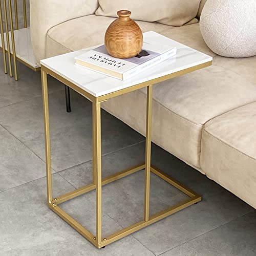 FATIVO Beistelltisch Klein Weiß Metall: Skandinavisch Marmor Beitstelltisch Sofatisch Schmal mit Gold Metallgestell fürs Wohnzimmer Schlafzimmer 45×30×54cm