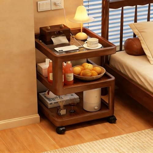 DEOPXF Beistelltisch & Nachttisch Aus Bambus Mit Glasplatte Und Rollen 360° Beweglich Stabile Konstruktion Leicht Zu Reinigen Einfacher Aufbau(Braun,40cm)