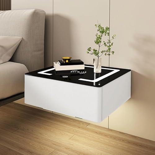 Multifunktionaler schwebender Nachttisch mit LED-Licht, kabellosem Aufladen, Aufbewahrungsschubladen und Tischplatte aus gehärtetem Glas für Schlafzimmer oder kleinen Couchtisch