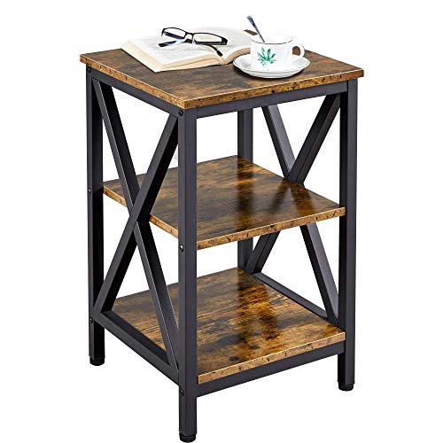 Yaheetech Nachttisch Beistelltisch mit 3 Holzablagen Stabiles X-Form Couchtisch Sofatisch Industrie-Design Nachttisch für Schlafzimmer/Wohnzimmer Vintage, Dunkelbraun