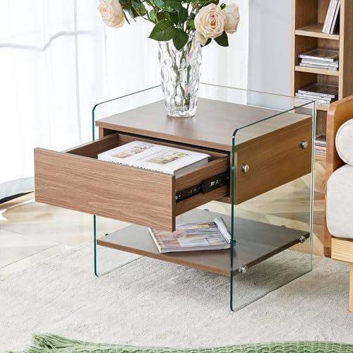 Eleganter Nachttisch für gemütliches Wohnen, MDF-Platte und Elegante Beine aus gehärtetem Glas, einfache Montage, für jeden Raum