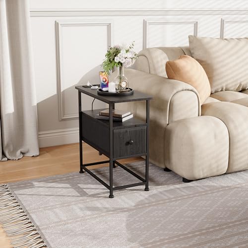 Holtrae Nachttisch mit Licht und Ladefunktion, Beistelltisch mit Schublade, Nachttische mit 2 AC-Anschlüsse & 2 -Anschlüssen, Beistelltische fürs Wohnzimmer, Schlafzimmer, Schwarz