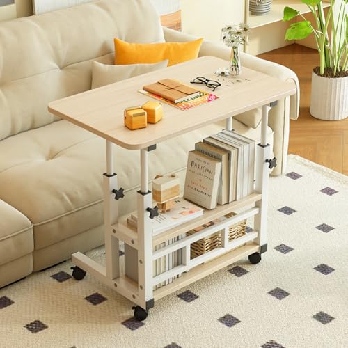 MUMUXIAO Höhenverstellbarer C-förmiger Beistelltisch für Heimbüro, beweglicher Laptop mit abschließbaren Rollen, Beistelltisch mit Ablageschale (Beige, 2 Ebenen, 60 x 40 cm)