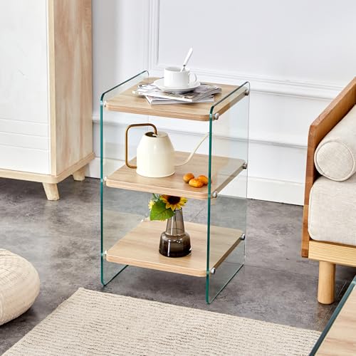 Dreischichtiger Nachttisch mit MDF-Oberfläche und Beinen aus gehärtetem Glas, einfaches Design zur Aufbewahrung, transparentes und Holz-Finish