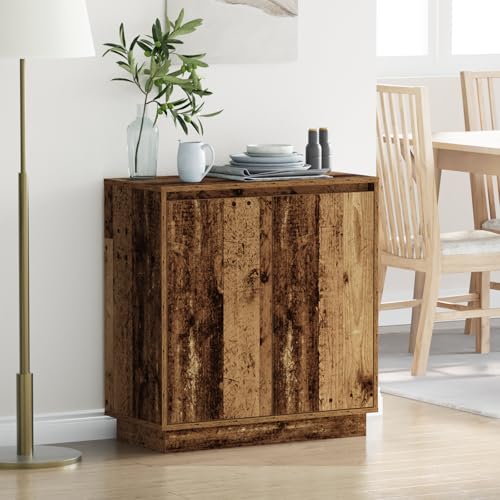 Qnhdfrt Vintage Nachttisch mit LED Beleuchtung Schmal Braun Massivholz Altholz Verwittertes Finish 71x34,5x75 cm für Schlafzimmer und Gästezimmer