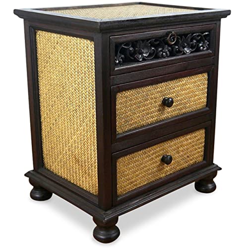 livasia Rattan Schrank – 50x40x60cm – Handgeschnitzter Nachttisch Holz aus Thailand mit Schubladen, Akazienholz, kleine Kommode im Landhausstil