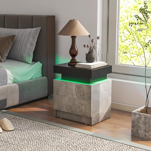 HaoChrymec Nachttisch mit LED-Beleuchtung und 2 Schubladen, Smart Nachttisch mit Fernbedienung, Side Table für Schlafzimmer, Kommode mit Stauraum, Grau, 45 x 35 x 52 cm
