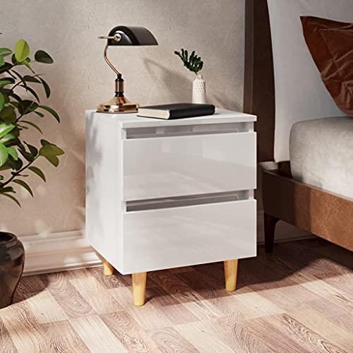 OHOOWOO Nachttisch mit Kiefernholz-Beinen Hochglanz-Weiß 40x35x50 cm,Schicker Nachttisch im Skandinavischen Stil mit Stauraum HochglanzWeiß Schlafzimmer, Nachttische