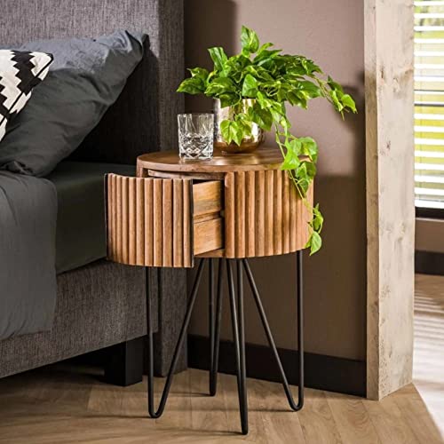 RINGO-Living Massivholz runder Nachttisch mit Schublade Boni, Stauraum Nachttisch Industrial Style, Wohnzimmertisch 60 cm hoch, Nachttisch Industrie, Nachttisch Industrie, versteckte Schublade