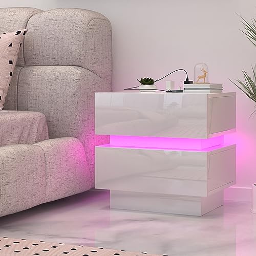 Lvhcmfohm Nachttisch mit Steckdose und LED, Nachtschrank mit ladefunktion und USB, Nachtkommode mit 2 schubladen (45x35x46cm, Weiß)