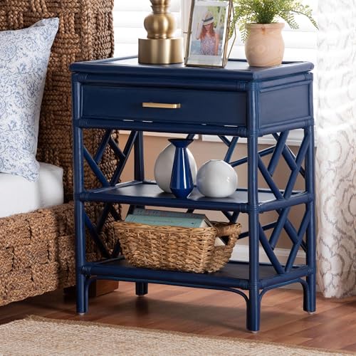 bali & pari Daina Nachttisch aus natürlichem Rattan, 1 Schublade, 55,9 cm breit, Blau