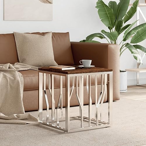 THOYTOUI Couchtisch, Bücherregal Niedriger Tisch Nachttisch Küchenschrank Geeignet für Wohnung Stube Versammlungsraum Teestube Silbern Edelstahl und Altholz Massiv