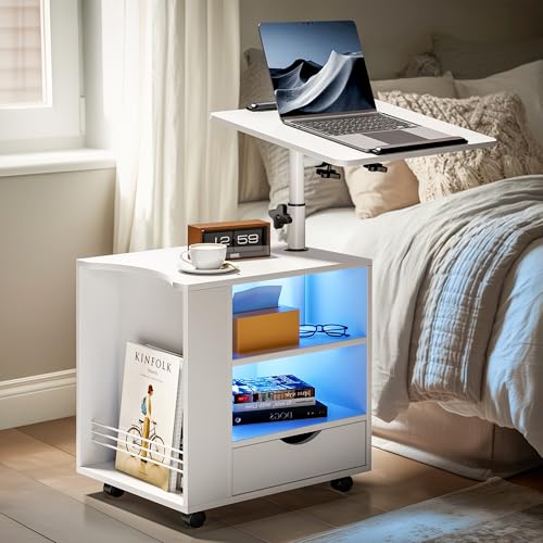 Pamapic Nachttisch mit LED-Beleuchtung, Nachttische mit Verstellbarer Höhe, Nachtkästchen mit Schubladen & Offene Regale, Mobil Beistelltisch mit Rollen für Schlafzimmer, Wohnzimmer,Büro, Weiß
