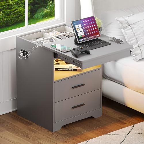 Lvifur LED Nachttisch mit Versteckte Schublade,Nachttische mit Schubladen und offene Fächer,Nachtschrank mit Intelligente Ladestation Für Schlafzimmer, Wohnzimmer,Arbeitszimmer