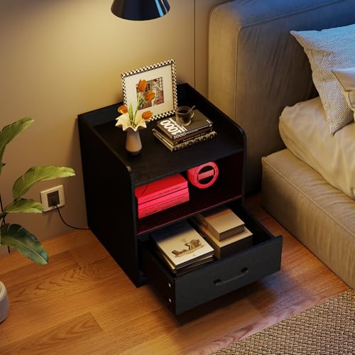 COSTWAY Nachttisch mit LED-Beleuchtung, Beistelltisch mit offenem Fach und Schublade, Nachtschrank, Sofatisch, Nachtkommode für Schlafzimmer, Wohnzimmer, 44,5 x 40 x 50 cm, Schwarz