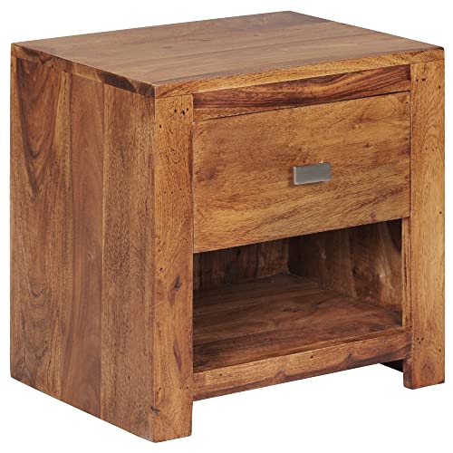 möbelando Nachttisch Mumbai aus Sheesham Massiv-Holz 40 x 40 x 30 cm | Nacht-Kommode braun mit 1 Schublade und 1 Ablagefach | Nachtschrank Landhaus-Stil Echt-Holz