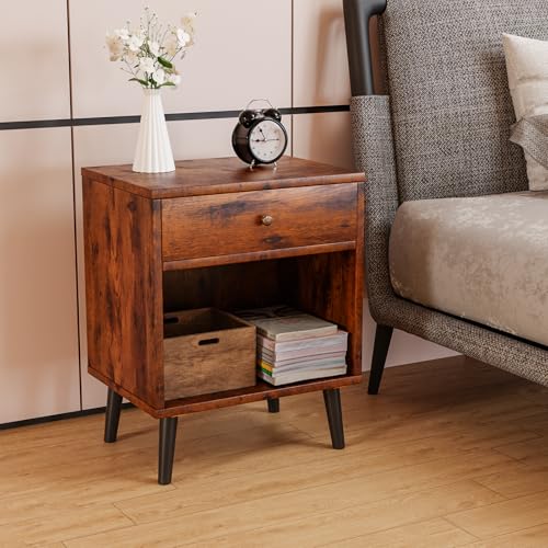 Nachttisch|Nachttische im Vintage-Design aus Massivholz mit Schubladen und offenen Fächern, nachtschrank holz,großer Stauraum,Geeignet für Schlafzimmer,Wohnzimmer nachttisch holz natur(48.5x40x57.5cm)