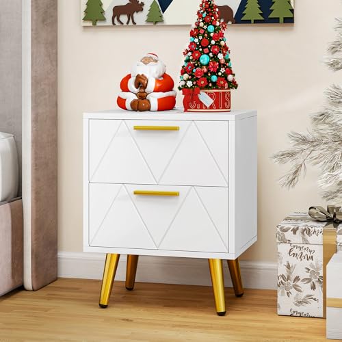 YITAHOME Nachttisch mit 2 Schubladen, 2 USB-Anschlüssen und Steckdosen, Nachtkommode mit Goldenen Metallbeinen und Griffen, Beistelltisch mit Stauraum für Wohnzimmer, Schlafzimmer, 40x30x52cm, Weiß