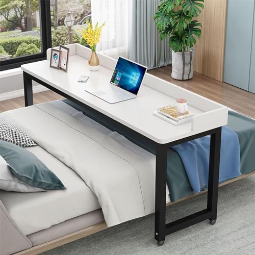 Rollbarer Nachttisch, Überbetttisch mit Rädern, Bettschreibtisch, Schreibtisch für das Schlafzimmer zu Hause, langer Querbetttisch, multifunktionaler beweglicher Nachttisch (weißer + schwarzer Rahmen,