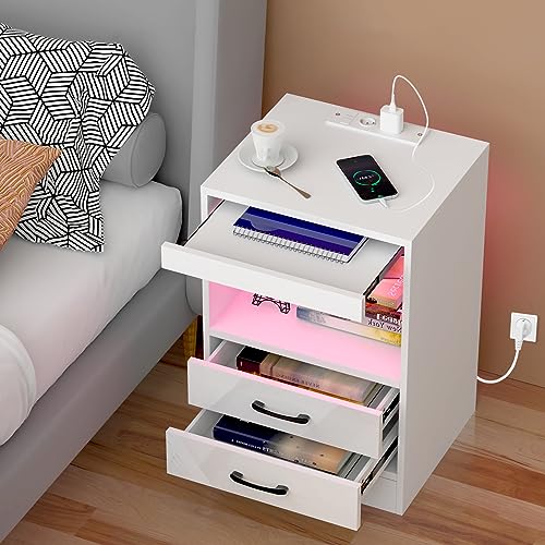 Lvhcmfohm Nachttisch mit Steckdose, Nachtschrank Boxspringbett mit Led Licht, Nachtkästchen, Moderner Nachtkommode mit 2 Schubladen und offene Schublade (Weiß, 40x35x60cm)