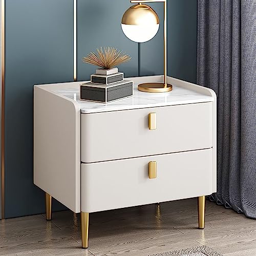 Nachttisch, Nachttische mit 2 Schubladen, Beistelltisch aus Metall und Massivholz, Nachttisch aus Schiefer, Beistelltisch mit Stauraum für Wohnzimmer, Schlafzimmer und Büro (Farbe: Bianco, G