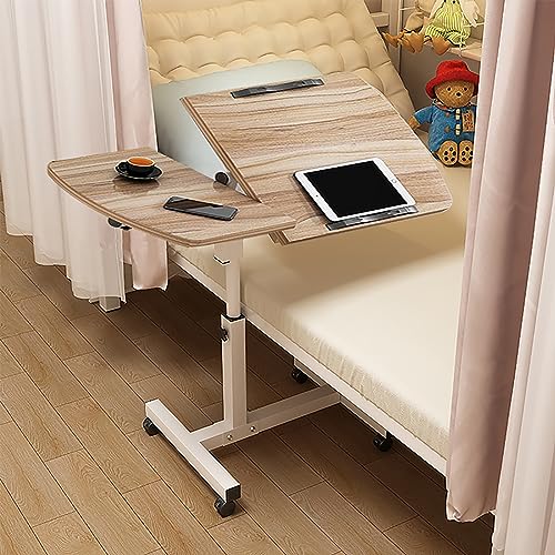 JNPGVTCD Nachttisch, rollbares Laptop-Tablett, Überbett mit Rädern, höhenverstellbar, Krankenhausbett-Präsenta tionswagen, Räder, neigbare Überbett-Tischplatte, Holzmaserung