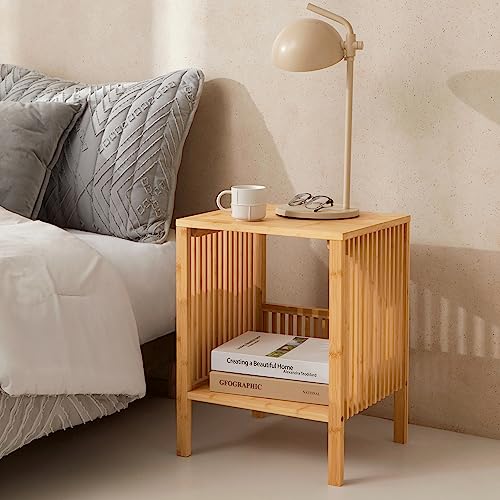[en.casa] Beistelltisch Varde Wohnzimmertisch 50 x 39 x 33 cm Nachttisch Sofatisch Nebentisch Kaffeetisch mit Ablagefach Bambus Naturfarben